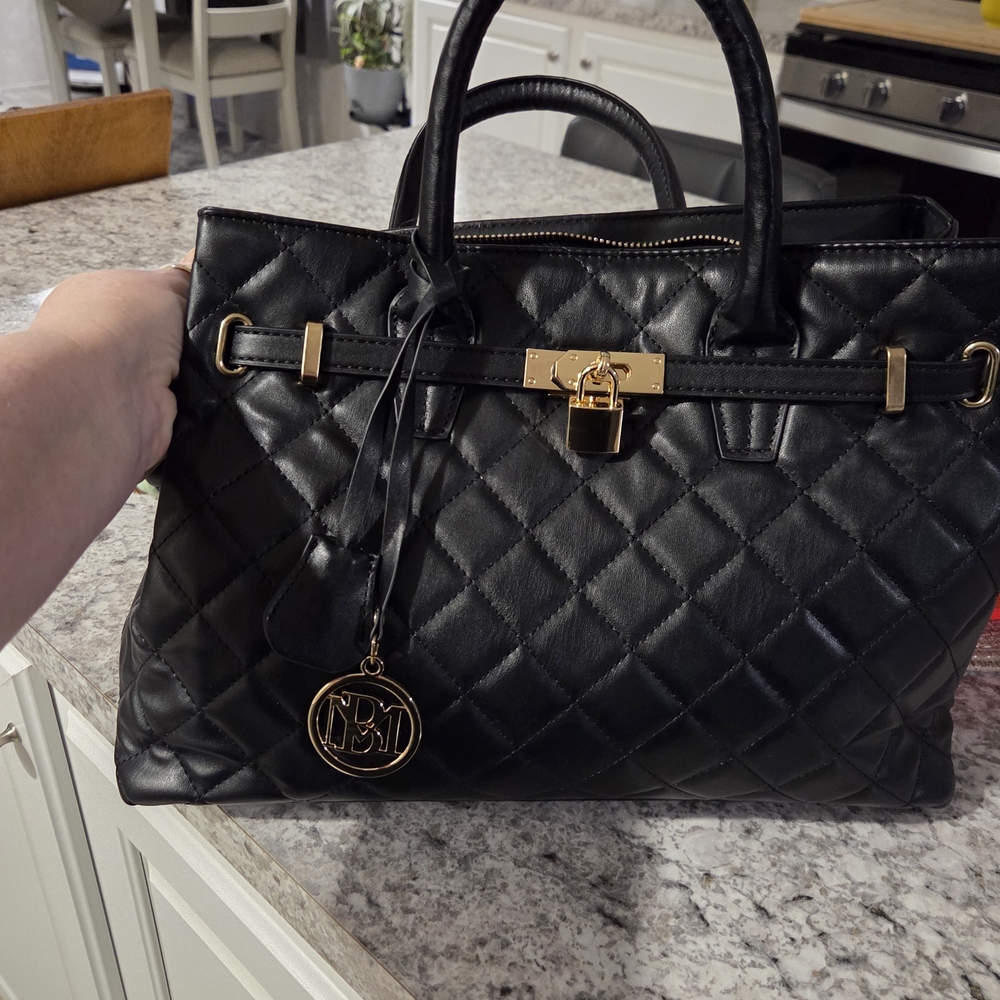 Badgley Mischka Black Quilted Tote with Gold Accents